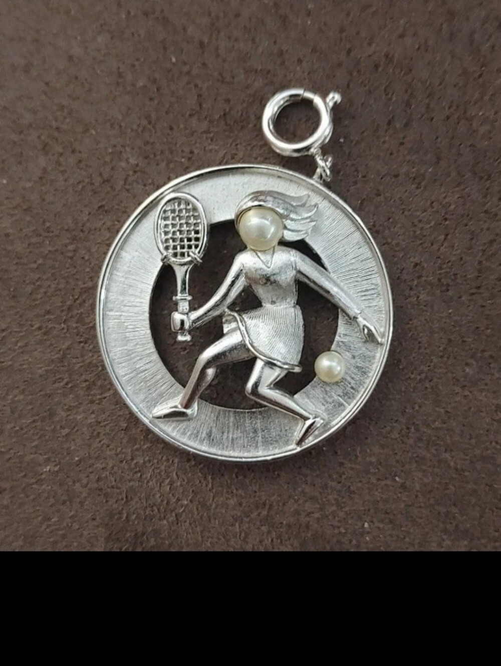 1950s/60s Vintage Crown Trifari Silver Tone & Faux Pearls Tennis Charm Pendant